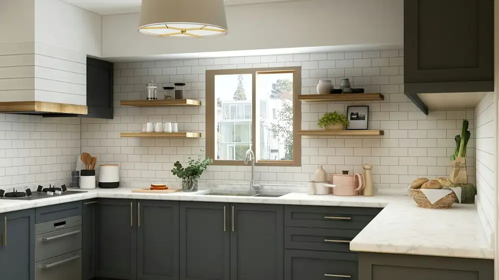 A kitchen with a hanging rail, a gap trolley and a slim shelf working together